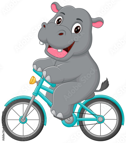 Cute Hippopotamus Riding Bicycle Cartoon Vector Icon Illustration. Animal Sport Icon Concept Isolated Premium Vector