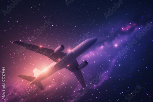 Night time of an airliner soaring above clouds AI Generation