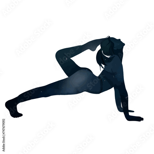 Female doing yoga in Sirsa Padasana pose vector illustration. Hand drawn silhouette of woman Feet To Head Pose in blue universe, starry sky colors. Wellbeing illustration. photo