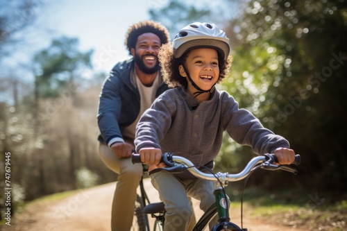 Father and son enjoying biking in the park. Happy childhood, fatherhood, parenting concept. Happy family moments and memory.
