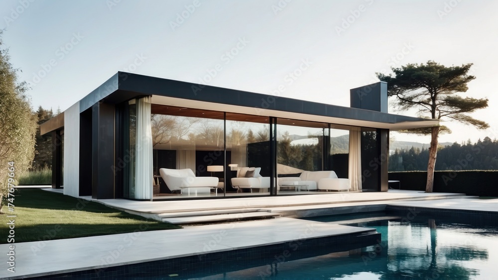 Obraz premium Modern villa with a minimalist exterior, incorporating clean lines and large glass panels