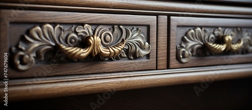 A detailed view of a drawer with a sturdy handle attached to it, showcasing the construction and design of the wardrobe piece.