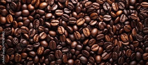 This top view photo showcases a significant pile of coffee beans  demonstrating the essence of a coffee bean background concept.