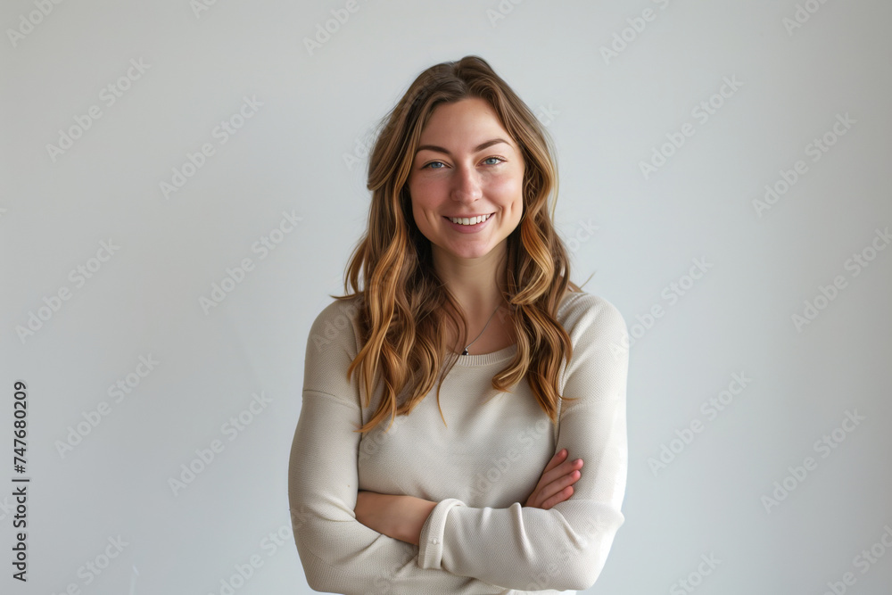 Radiant and Approachable Young Woman in Casual Wear with Arms Crossed, Exuding Confidence and Warmth Radiant and Approachable Young Woman in Casual Wear with Arms Crossed, Exuding Confidence and Warmth