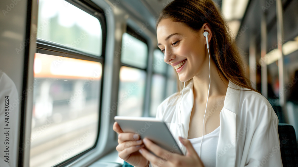Happy Woman Working with a Laptop in Transport Happy Woman Working with a Laptop in Transport