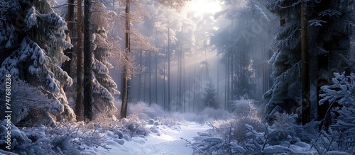 The image showcases a vast snow-covered forest densely populated with numerous trees. The forest is blanketed in a thick layer of snow, creating a serene winter wonderland scene.