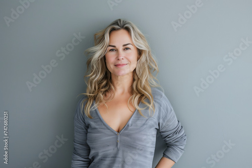 Confident Professional Woman in Casual Business Attire Posing with a Friendly Smile Against a Clean, Grey Background
