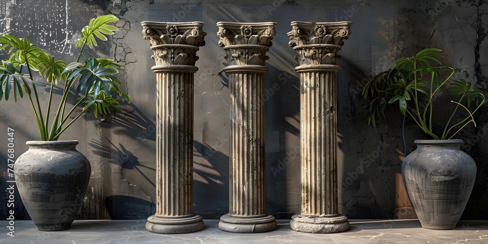 three stone pillars against black wall background - obrazy, fototapety, plakaty 