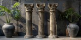three stone pillars against black wall background