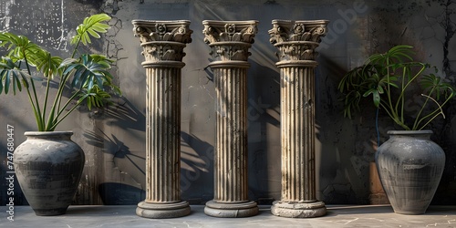 three stone pillars against black wall background photo