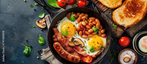 A savory and filling breakfast featuring eggs, bacon, beans, and toast cooked together in a cast iron pan.