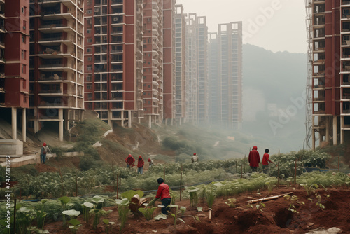 Urban Gardening in Asien, Anbau von Gemüse neben Hochhäusern zum Wohnen für die einfache Bevölkerung, Landwirtschaft und urbanes Leben in Asien photo