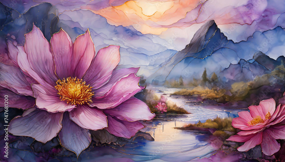Abstrakcyjny krajobraz, fioletowe kwiaty i góry - obrazy, fototapety, plakaty 