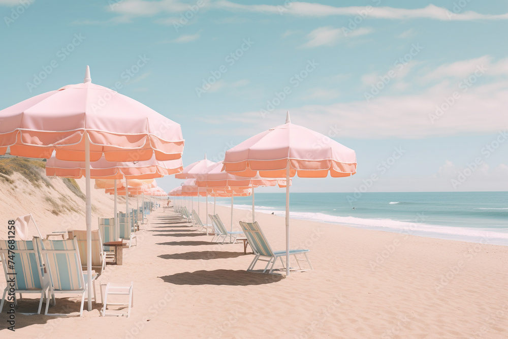 A dreamy beach with pastel-colored umbrellas