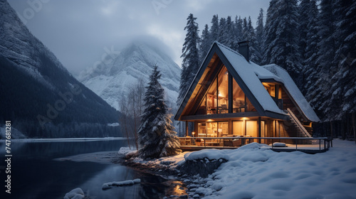 A cozy cabin nestled in snow-covered mountains
