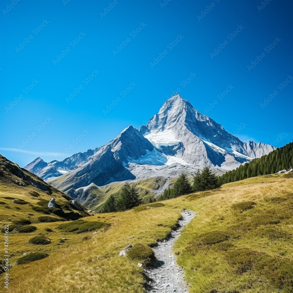 A peaceful mountain scene with a clear blue sky above