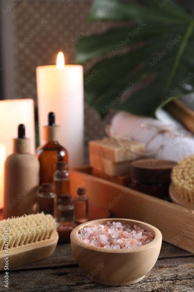 Composition with different spa products on wooden table Composition with different spa products on wooden table