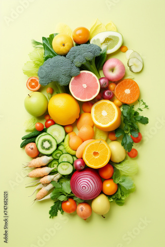 Fresh and healthy fruits and vegetables arranged in a cheerful pastel style