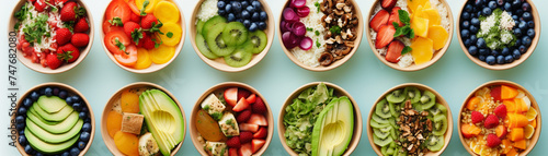 Up-close details of colorful and healthy salads and smoothie bowls
