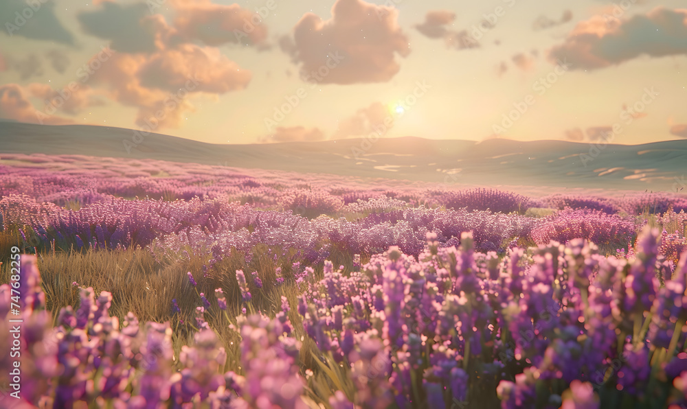 Fototapeta premium Amazing view of blooming lavender flower field in sunny summer day background,Generative AI