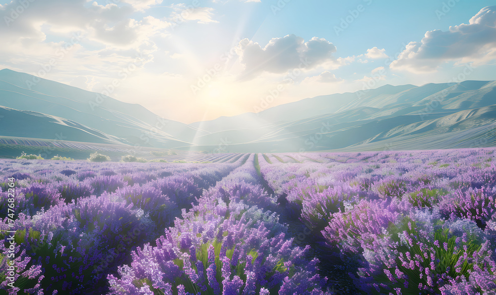 Amazing view of blooming lavender flower field in sunny summer day background,Generative AI Amazing view of blooming lavender flower field in sunny summer day background,Generative AI