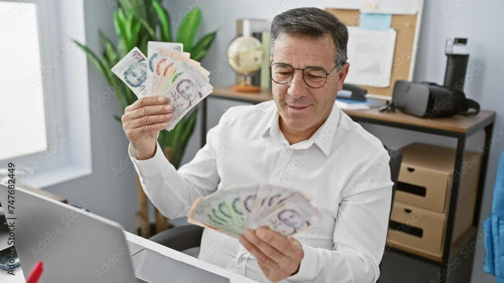 Smiling Middle aged Man Examining Singapore Dollars In A Modern Office smiling-middle-aged-man-examining-singapore-dollars-in-a-modern-office