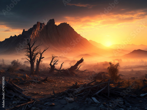 Desolate Abandoned Post-Apocalyptic Nature Scene, created with Generative AI technology photo