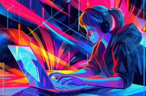 Abstrakte Kunst, Junge Frau sitzt bei Nacht an ihrem Laptop, Programmiererin mit Kopfhörern