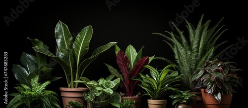 Several potted plants of various sizes and types sit closely next to each other on a table or shelf. The green foliage and colorful blooms create a vibrant display of nature indoors.