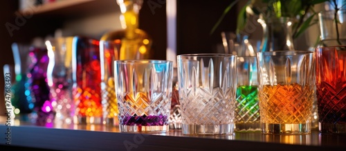 A close-up view of a row of vibrant and assorted glasses neatly organized on top of a home bar counter. Each glass is unique in color and shape  creating a visually appealing display.