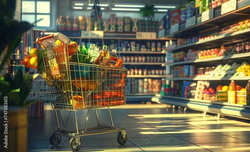 Einkaufswagen mit gesunden Lebensmitteln im Supermarkt, Konzept gesunde Ernährung, Inflation photo