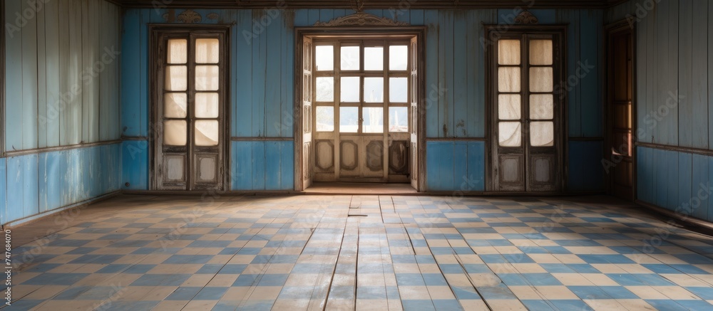 A room with blue walls and a checkered floor is shown empty. The room is painted in a calming shade of blue, and the floor is neatly tiled in a checkerboard pattern. A room with blue walls and a checkered floor is shown empty. The room is painted in a calming shade of blue, and the floor is neatly tiled in a checkerboard pattern.