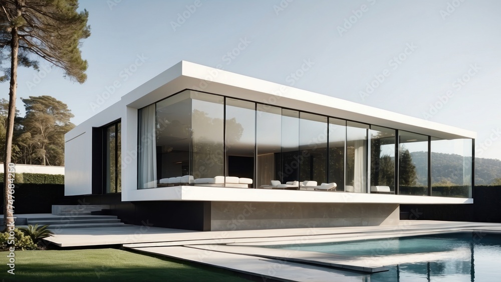 Modern villa with a minimalist exterior, incorporating clean lines and large glass panels