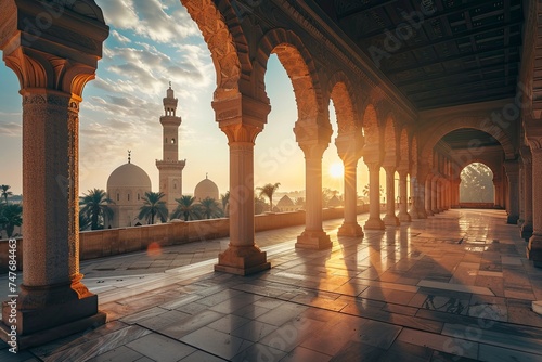 beautiful view of the mosque with the morning sun in the background - generative ai photo