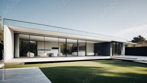 Modern villa with a minimalist exterior, incorporating clean lines and large glass panels