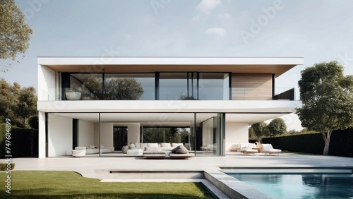 Modern villa with a minimalist exterior  incorporating clean lines and large glass panels