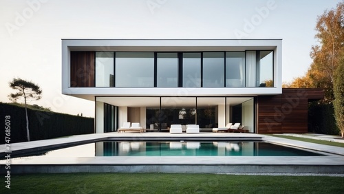 Modern villa with a minimalist exterior  incorporating clean lines and large glass panels