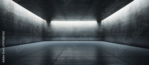 An empty room with concrete walls and floor, creating a dark and abstract interior. The smooth surfaces of the concrete give the space a minimalist feel.