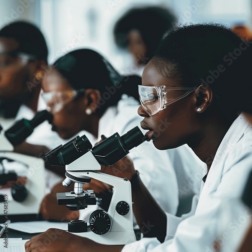 Black scientist looking into camera for research African woman biochemist using microscope in modern equipped laboratory. Black scientist doctor working with various bacteria, tissue, blood samples,  photo