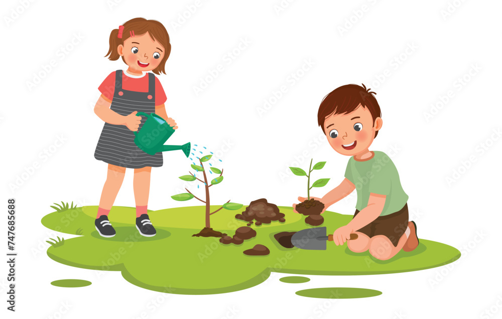 Happy little kids gardening digging planting watering tree together Happy little kids gardening digging planting watering tree together