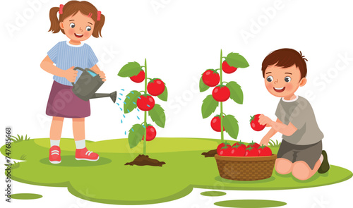 Happy little kids gardening planting watering harvesting tomatoes 
