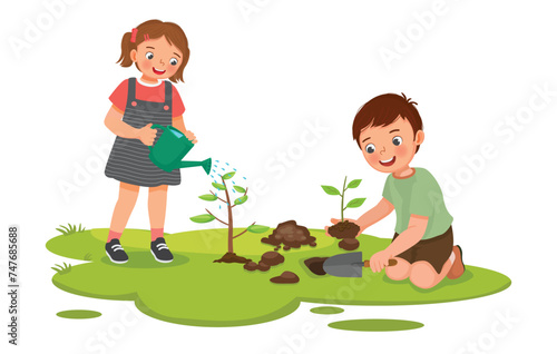 Happy little kids gardening digging planting watering tree together