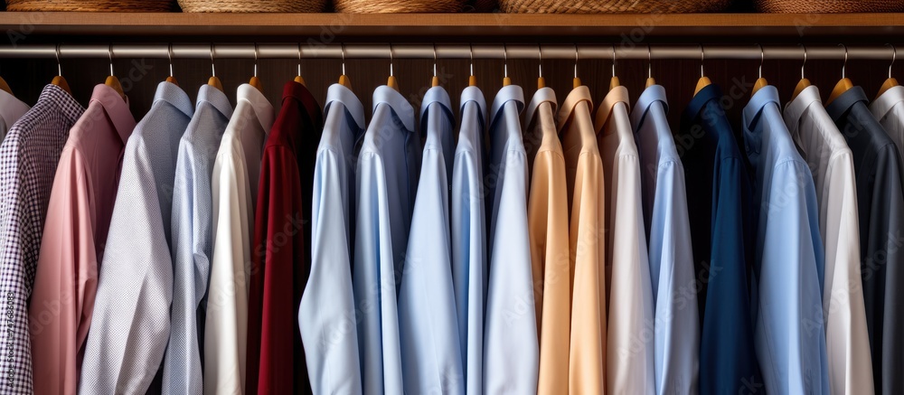 A closet packed with an assortment of different colored mens shirts neatly hung on hangers, creating a vibrant and visually enticing display.