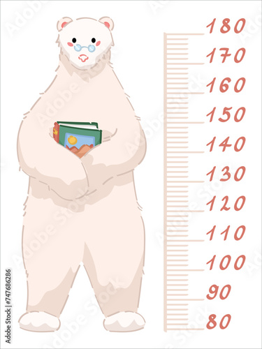 Cute polar bear measuring height on white background