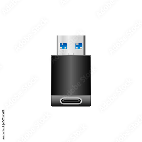 シンプルなイラスト_黒い変換アダプタ_USB Type-A 3.0からUSB Type-C
