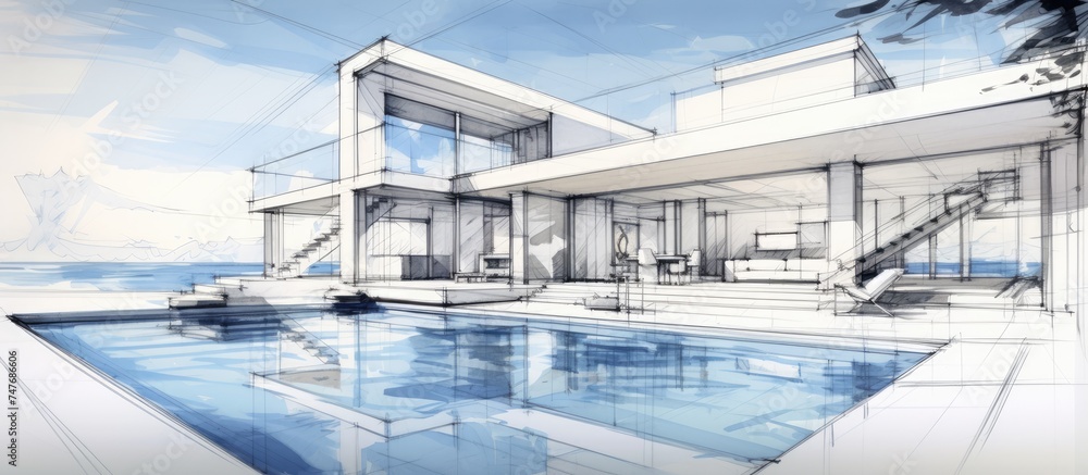 A detailed drawing of a modern villa featuring a swimming pool, set against a backdrop of the sea. The architectural design showcases a white interior with large windows. - obrazy, fototapety, plakaty 