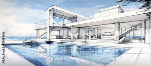 A detailed drawing of a modern villa featuring a swimming pool, set against a backdrop of the sea. The architectural design showcases a white interior with large windows.