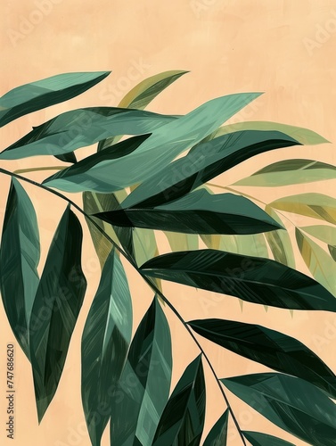A painting featuring detailed leaves of various shapes and sizes on a neutral beige background.