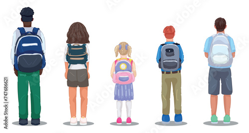 Set of students with backpacks on white background, back view