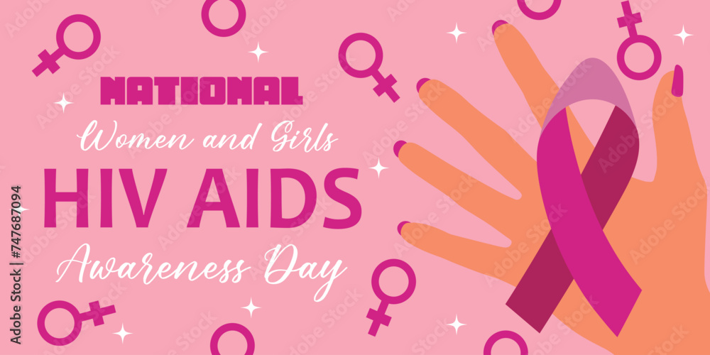 Awareness banner for National Women and Girls HIV AIDS Awareness Day with female hand holding awareness ribbon - obrazy, fototapety, plakaty 